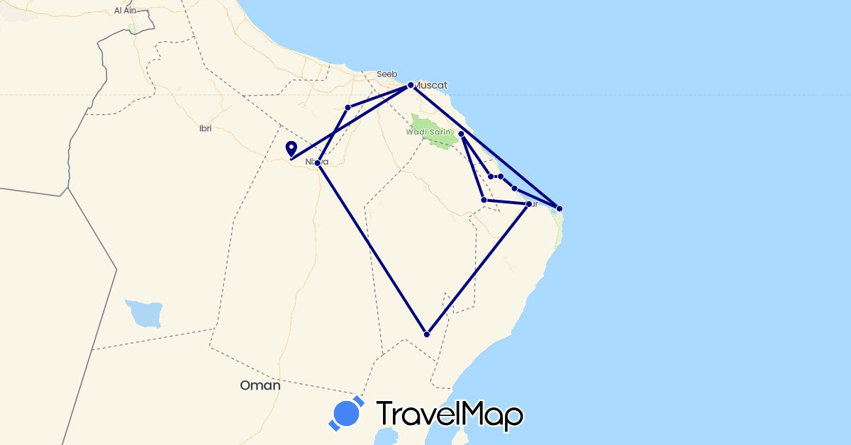 TravelMap itinerary: driving, plane in Oman (Asia)